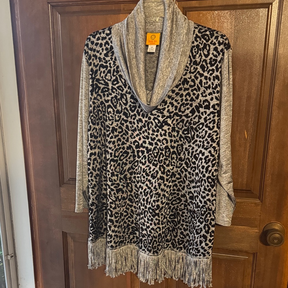 Ruby Rd. Black and Gray Animal Print Cowl Neck Sweater